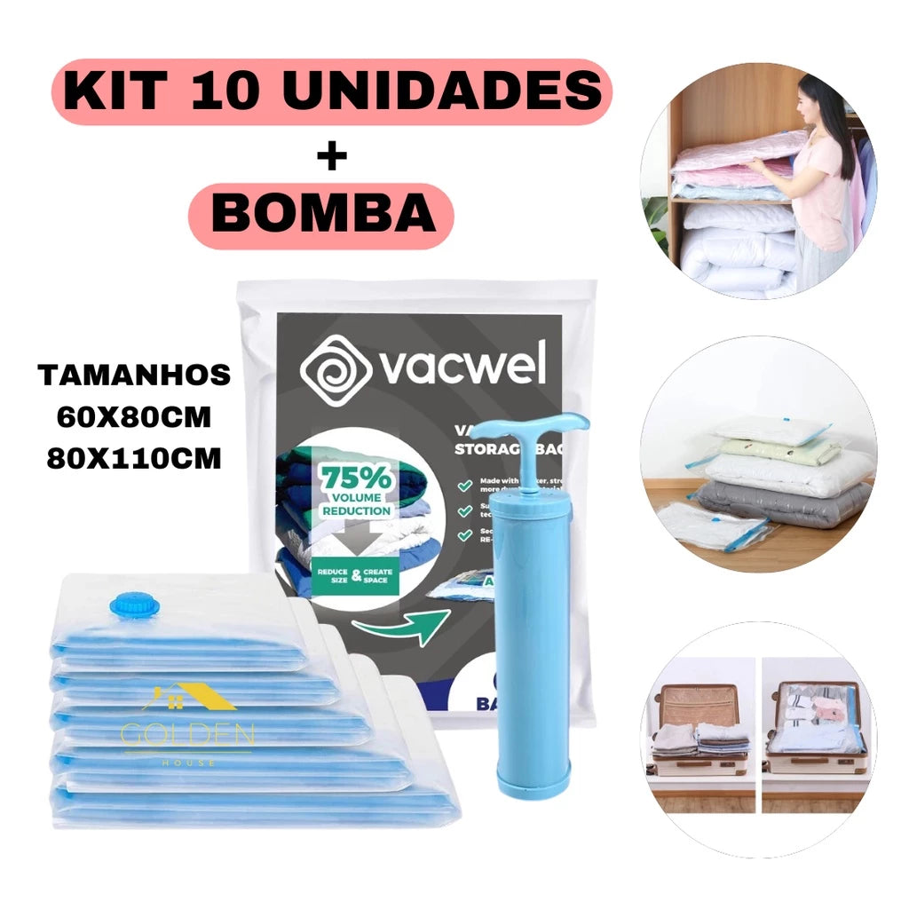 Kit Saco a Vacuo + Bomba Manual Organização de Roupas Mala Viagem Guarda Roupas