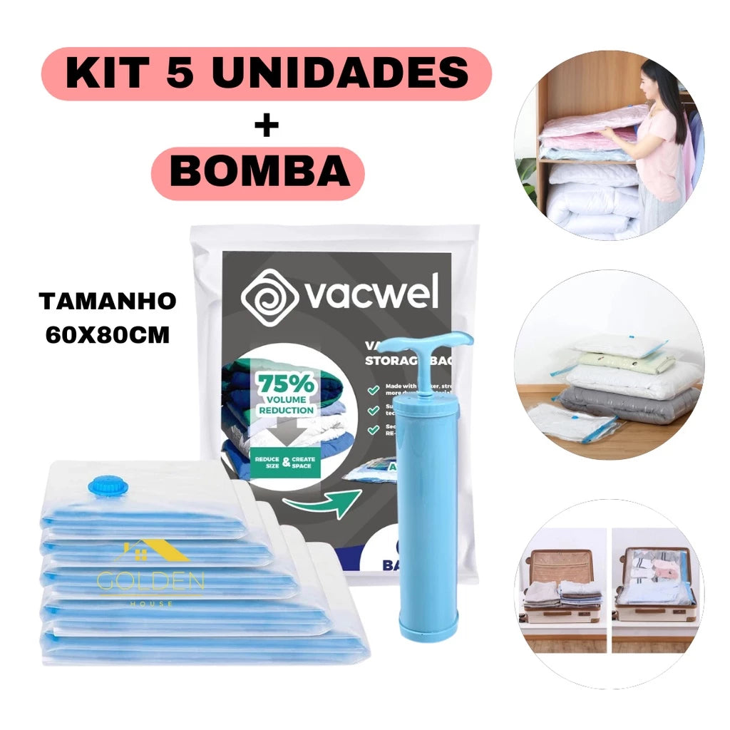 Kit Saco a Vacuo + Bomba Manual Organização de Roupas Mala Viagem Guarda Roupas