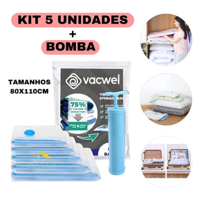 Kit Saco a Vacuo + Bomba Manual Organização de Roupas Mala Viagem Guarda Roupas